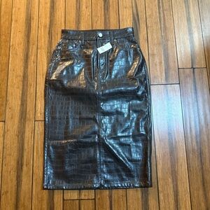 Brown Faux Leather Croc-Embossed Skirt